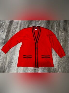 Red V-Neck Button Cardigan Sweater with Black Trim
